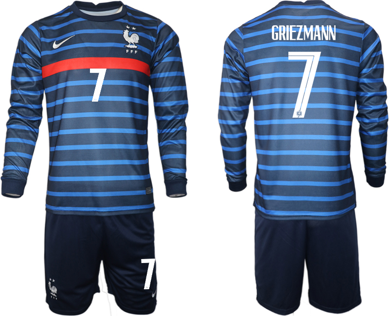 Men 2021 European Cup France home blue Long sleeve #7 Soccer Jersey->france jersey->Soccer Country Jersey